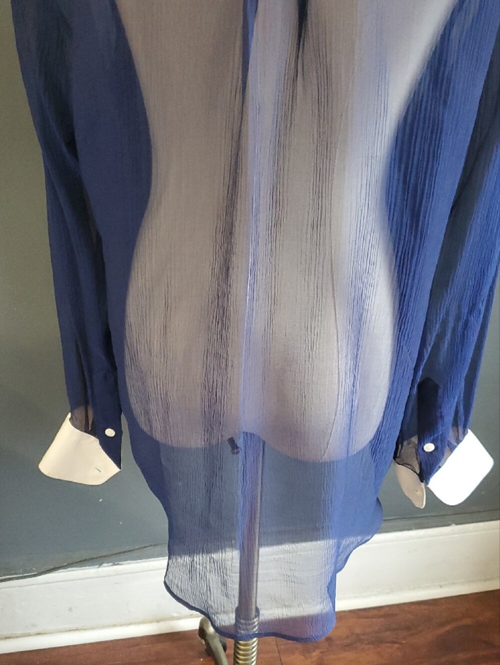 Thomas Pink Navy Sheer Dress Shirt with White Contrast Collar - Picture 8 of 17